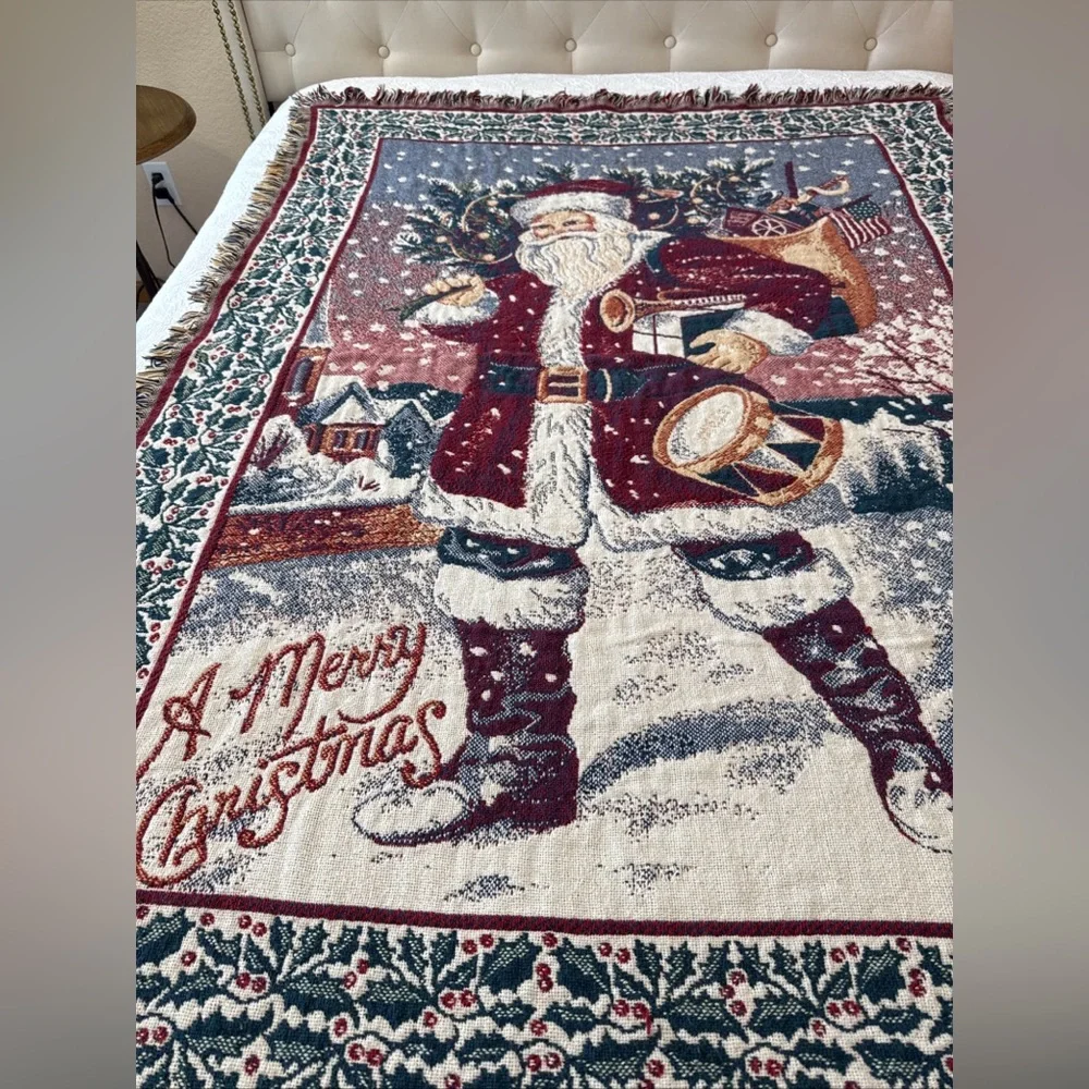 Vintage Coming Home Santa Clause Saint Nick Merry Christmas Tapestry Throw 44x62
